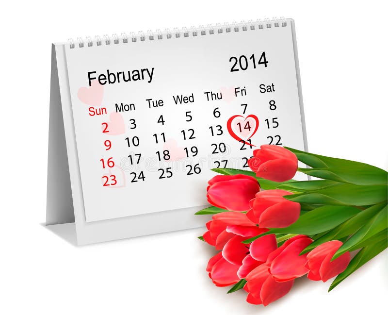 Calendario Con El Corazón Rojo Escrito Mano. 14 De Febrero Ilustración