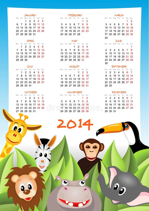 Calendario 2014 con gli animali di safari royalty illustrazione gratis