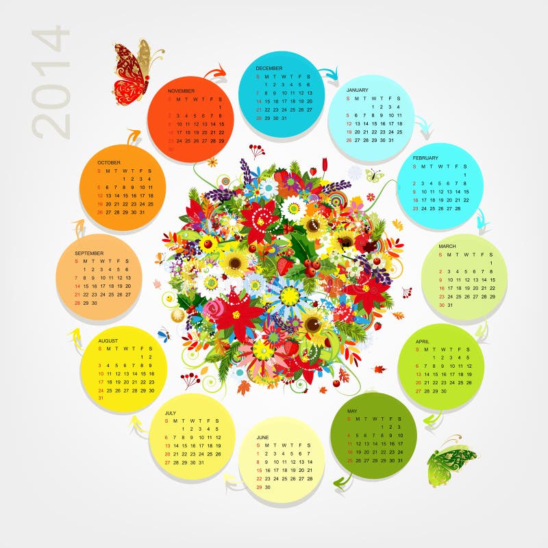Calendario 2014 con il mazzo di quattro stagioni per il vostro illustrazione di stock