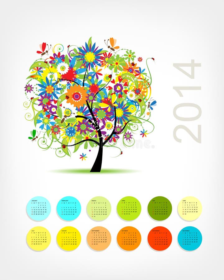 Calendario 2014 con l'albero di quattro stagioni per il vostro royalty illustrazione gratis