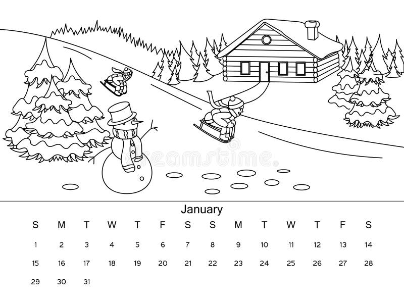 Calendario Con L Illustrazione Di Vettore Del Libro Da Colorare Illustrazione Vettoriale Illustrazione Di Gennaio Paesaggio