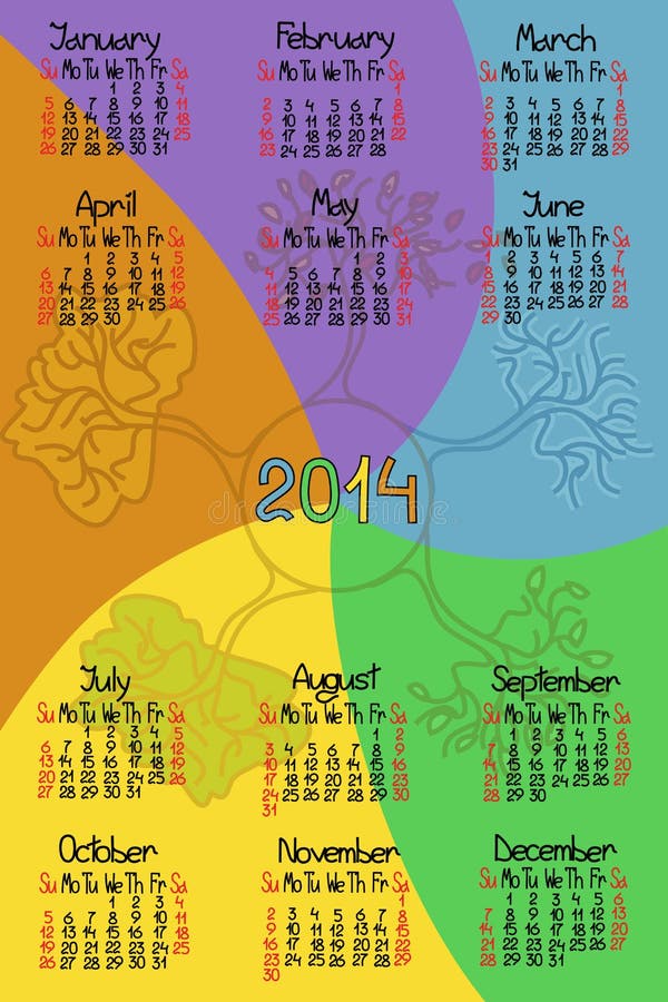 Calendario 2014 con la fonte fatta a mano comica illustrazione vettoriale
