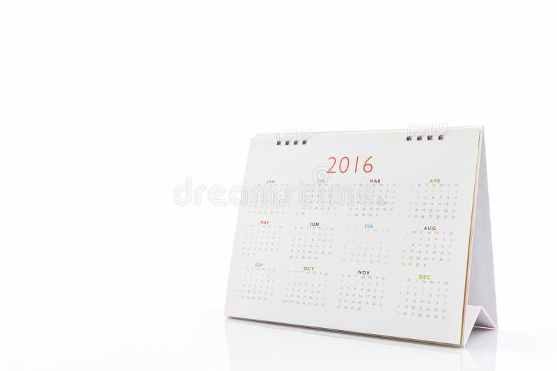 Calendario 2016 di spirale dello scrittorio del Libro Bianco immagini stock Calendario 2016 di spirale dello scrittorio del Libro Bianco immagini stock