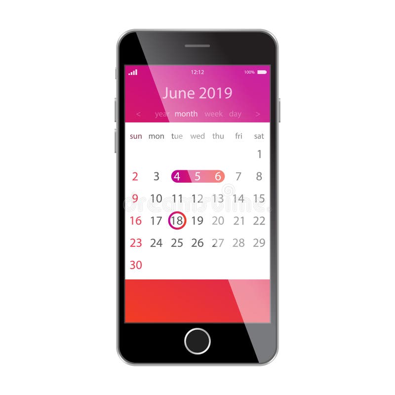 Calendario en la pantalla del smartphone Planeamiento, horario, calendario, cita, conceptos del app del recordatorio En junio de stock de ilustración Calendario en la pantalla del smartphone Planeamiento, horario, calendario, cita, conceptos del app del recordatorio En junio de stock de ilustración