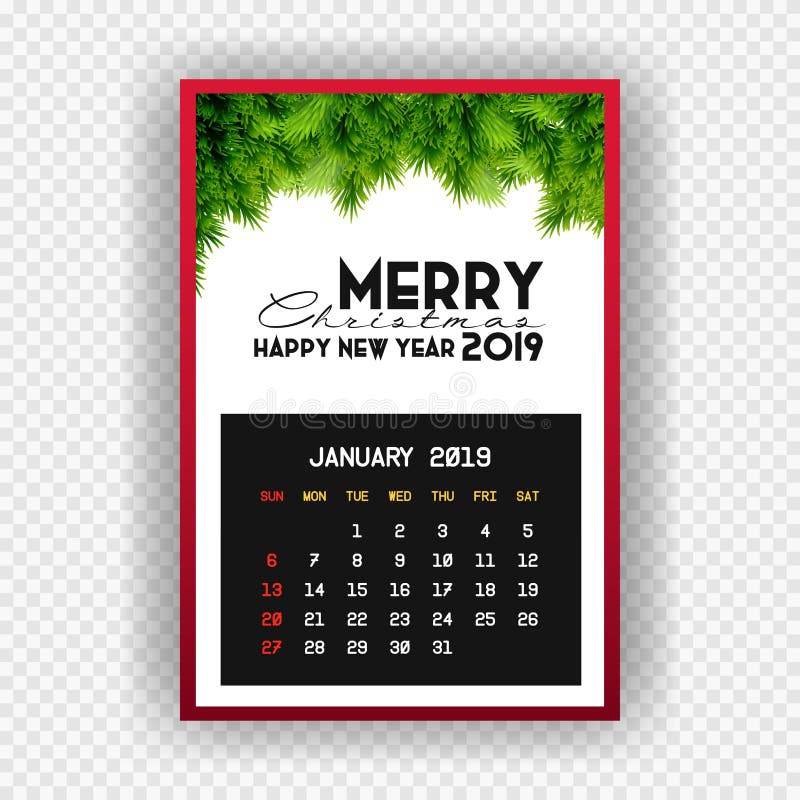 Calendario enero de la Feliz Año Nuevo 2019 de la Navidad ilustración del vector Calendario enero de la Feliz Año Nuevo 2019 de la Navidad ilustración del vector