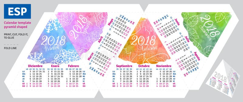 Calendario español 2018 de la plantilla por la pirámide de las estaciones formada ilustración del vector Calendario español 2018 de la plantilla por la pirámide de las estaciones formada ilustración del vector