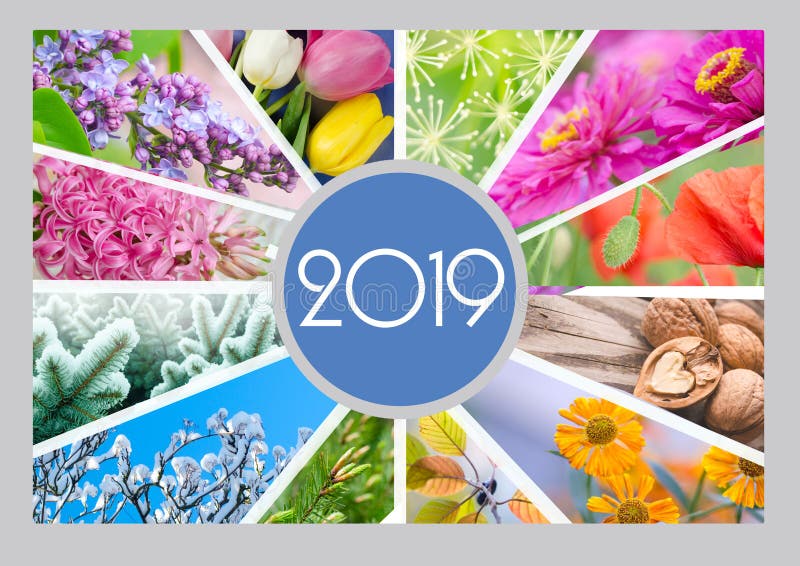 Calendario estacional por 2019 años Collage creativo fotografía de archivo libre de regalías Calendario estacional por 2019 años Collage creativo fotografía de archivo libre de regalías
