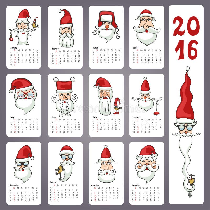 Calendario 2016 Los garabatos Papá Noel hacen frente, las tarjetas mensuales libre illustration Calendario 2016 Los garabatos Papá Noel hacen frente, las tarjetas mensuales libre illustration