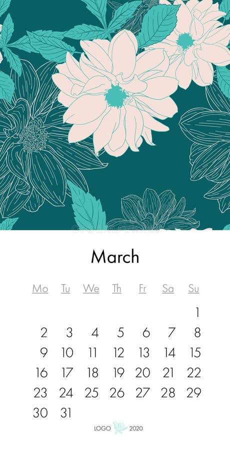 Calendario marzo de 2020 floral con la impresión de la moda Planta en el flor, rama con bosquejo de la tinta de la flor Ilustraci stock de ilustración Calendario marzo de 2020 floral con la impresión de la moda Planta en el flor, rama con bosquejo de la tinta de la flor Ilustraci stock de ilustración