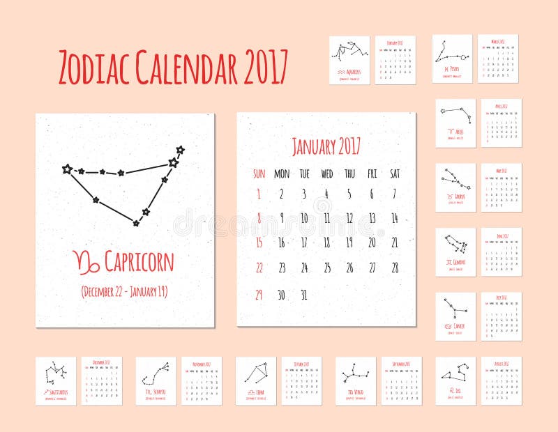 Calendario mensile con l'immagine dei segni e delle costellazioni dello zodiaco illustrazione di stock Calendario mensile con l'immagine dei segni e delle costellazioni dello zodiaco illustrazione di stock