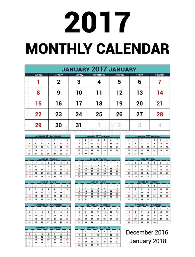 Calendario mensual por 2017 años Plantilla de la impresión del diseño de los efectos de escritorio del vector La semana comienza libre illustration Calendario mensual por 2017 años Plantilla de la impresión del diseño de los efectos de escritorio del vector La semana comienza libre illustration