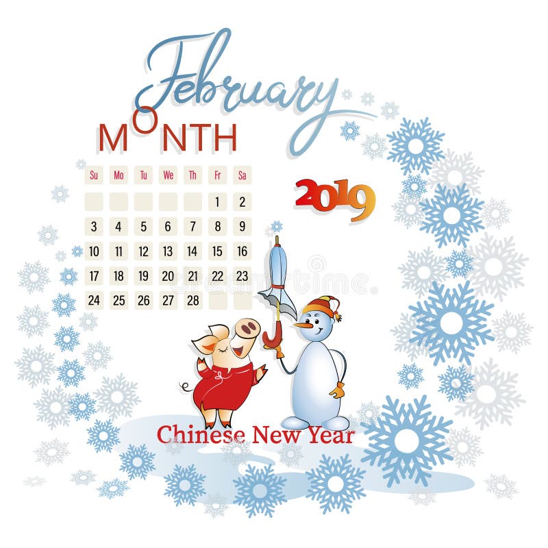 Calendario para febrero de 2019 con un muñeco de nieve con un paraguas y un cerdo lindo libre illustration Calendario para febrero de 2019 con un muñeco de nieve con un paraguas y un cerdo lindo libre illustration