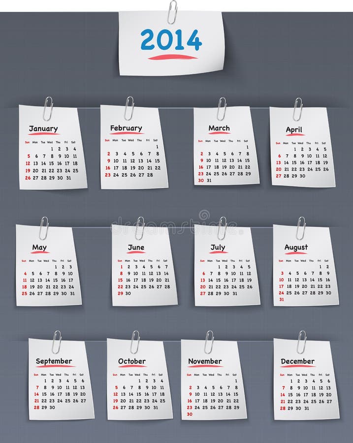 Calendario per 2014 anni sulle note appiccicose allegate al BAC della tela