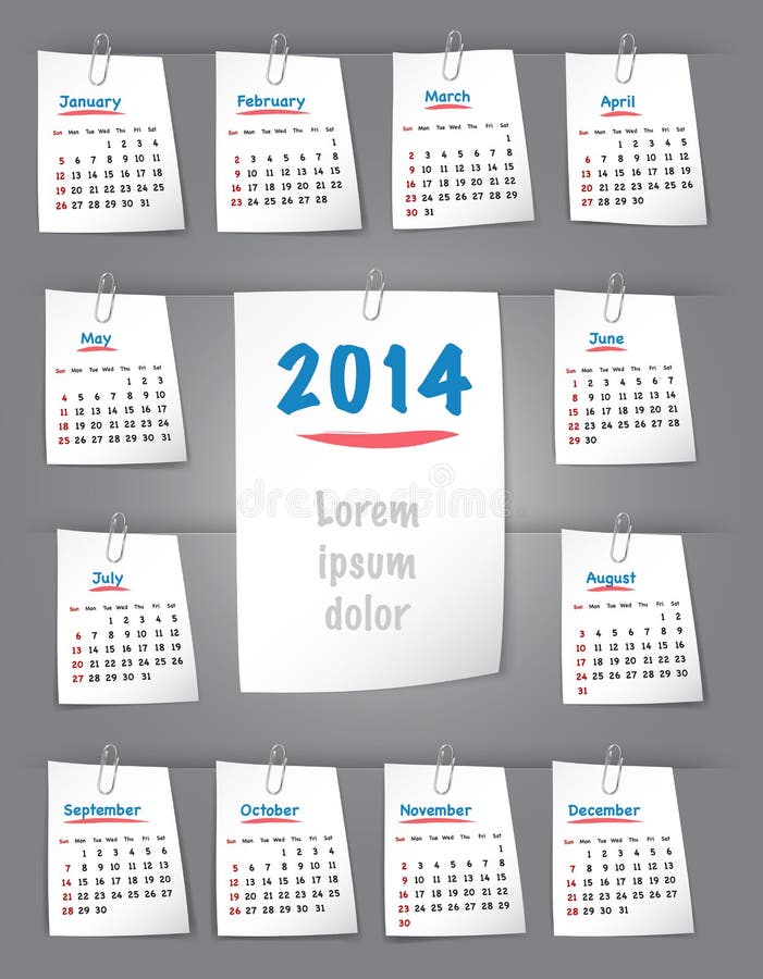 Calendario per 2014 anni sulle note appiccicose allegate al backgroun