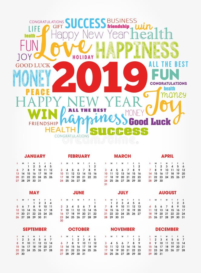 Calendario por 2019 años, saludando la nube de la palabra stock de ilustración Calendario por 2019 años, saludando la nube de la palabra stock de ilustración