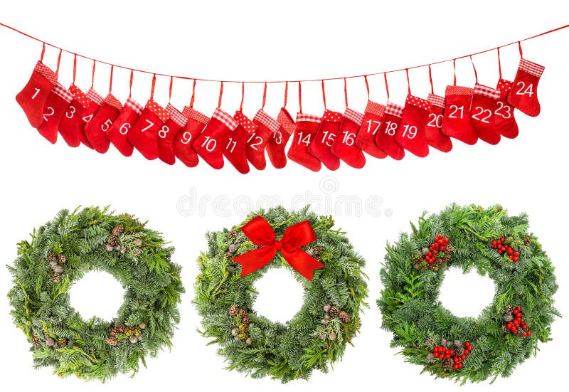 Calendario rojo del advenimiento del arco de la cinta de la guirnalda de la decoración de la Navidad fotografía de archivo Calendario rojo del advenimiento del arco de la cinta de la guirnalda de la decoración de la Navidad fotografía de archivo