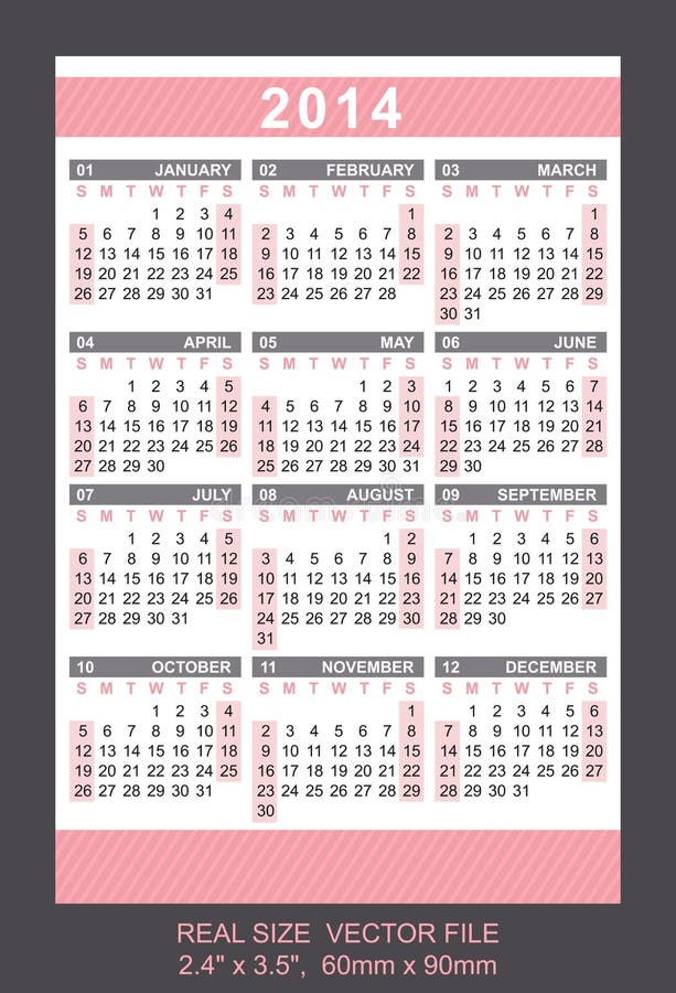 Calendario rosa 2014, inizio della tasca la domenica illustrazione di stock