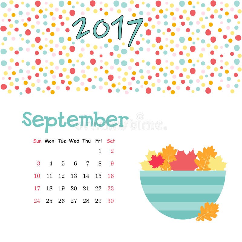Vector cute september calendar template for July 2017. Vector cute september calendar template for July 2017