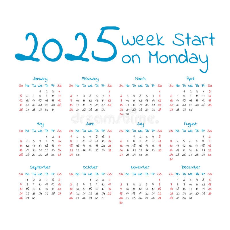 Plantilla De Calendario De 2025 Con Semanas Que Comienzan El Lunes Ilustración del Vector 