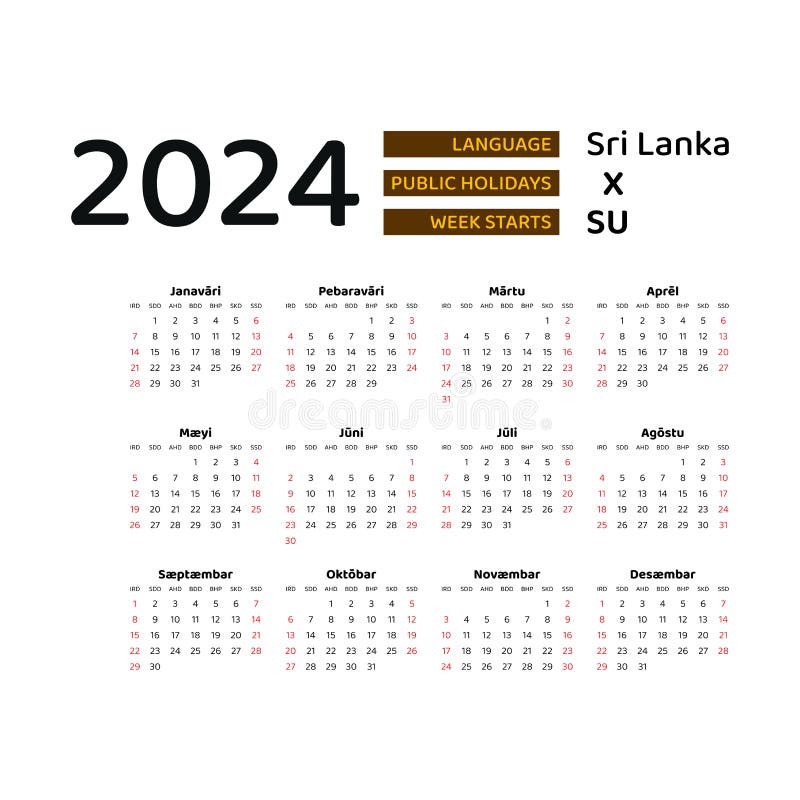 Calendario Sri Lanka 2024. La Settimana Inizia Dalla Domenica. Disegno