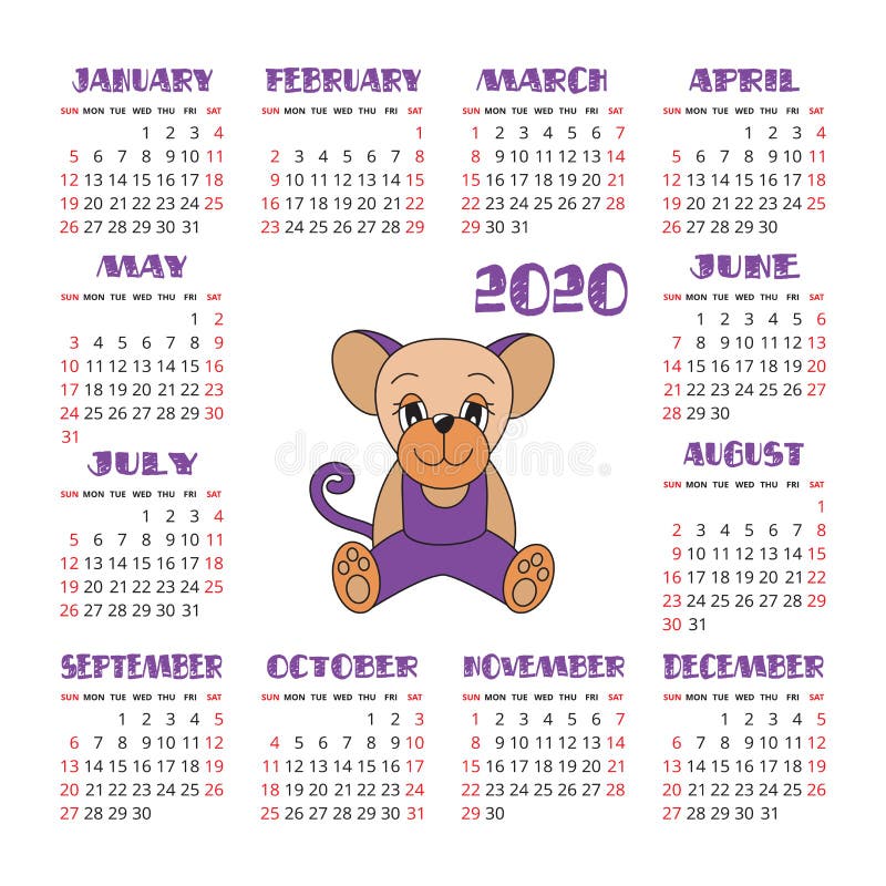 Calendario 2020 Símbolo de la rata del Año Nuevo Modelo del dise?o del vector Hor?scopo chino Calendario cuadrado inglés colorido ilustración del vector Calendario 2020 Símbolo de la rata del Año Nuevo Modelo del dise?o del vector Hor?scopo chino Calendario cuadrado inglés colorido ilustración del vector