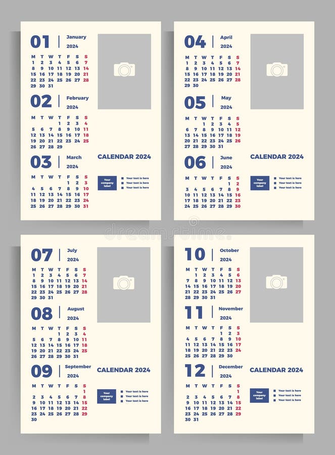 Quarterly calendar 2024 year. Set of vertical vector templates with place for your image. Quarterly calendar 2024 year. Set of vertical vector templates with place for your image