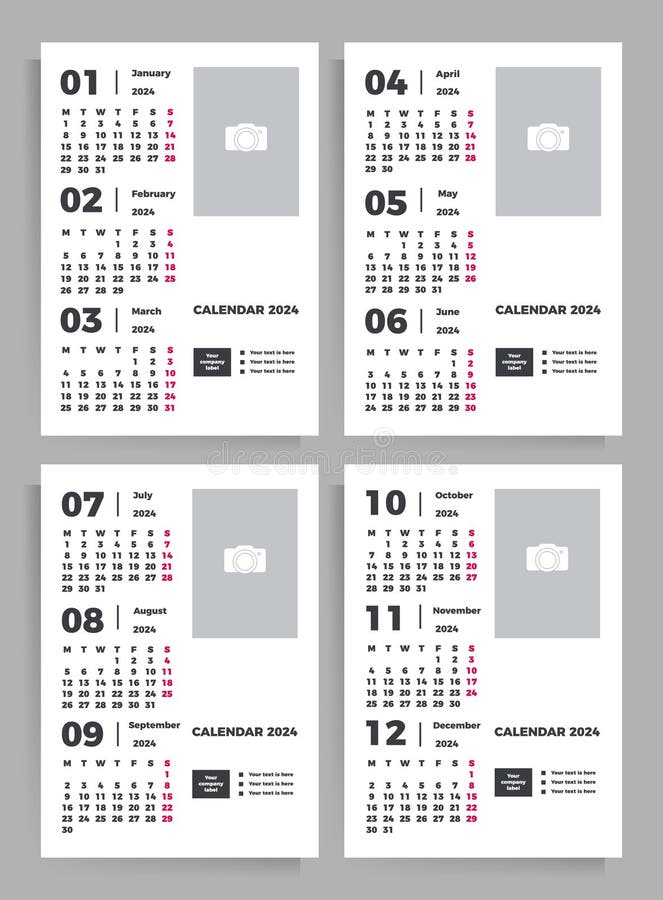 Quarterly calendar 2024 year. Set of vertical vector templates with place for your image. Quarterly calendar 2024 year. Set of vertical vector templates with place for your image