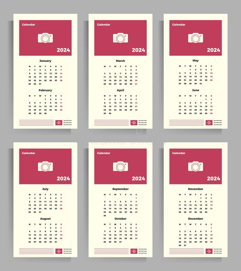 Quarterly calendar 2024 year. Set of vertical vector templates with a place for your image. Quarterly calendar 2024 year. Set of vertical vector templates with a place for your image