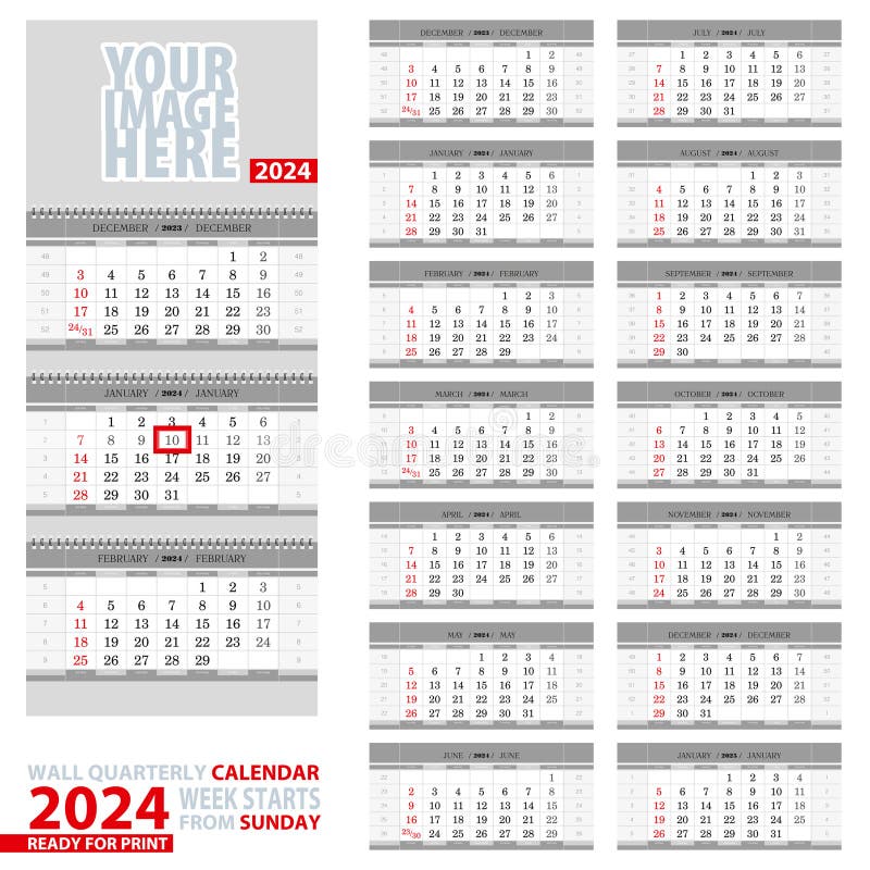 Wall quarterly calendar 2024. Week start from Sunday, ready for print. Vector Illustration. Wall quarterly calendar 2024. Week start from Sunday, ready for print. Vector Illustration