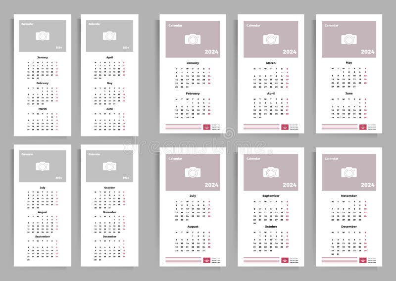 Quarterly calendar options for 2024. Set of vertical vector templates with place for your image. Quarterly calendar options for 2024. Set of vertical vector templates with place for your image