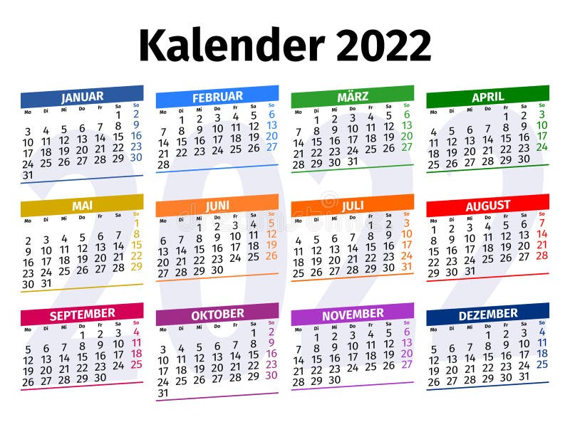 Calendrier Allemand Pour 2022. Design Plat Coloré Illustration de