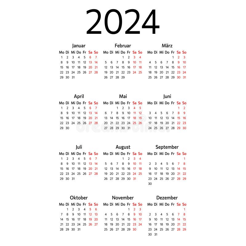 Calendrier Allemand Pour 2024. La Semaine Commence Le Lundi