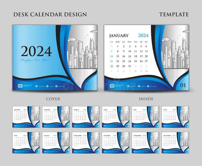 Calendrier 2024 Template Desk Calendrier 2024 Calendrier Design Ensemble De 12  Mois Mur Calendrier Poster Semaine Commence Dimanch Illustration de Vecteur  - Illustration du fond, anglais: 226071632