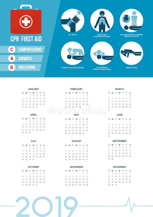 Calendrier 2019 de kit de premiers secours de CPR illustration libre de droits Calendrier 2019 de kit de premiers secours de CPR illustration libre de droits