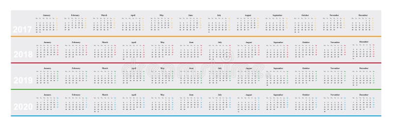 Calendrier de l'année 2017, 2018, 2019, 2020, conception simple, illustration libre de droits Calendrier de l'année 2017, 2018, 2019, 2020, conception simple, illustration libre de droits