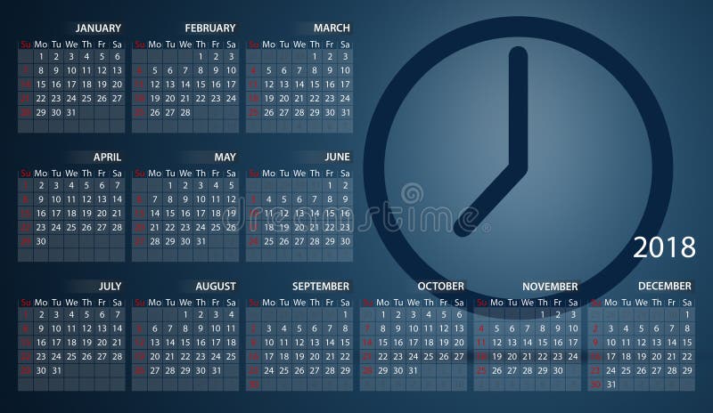 Calendrier 2018 en anglais Débuts de semaine dimanche Horloge timer illustration libre de droits Calendrier 2018 en anglais Débuts de semaine dimanche Horloge timer illustration libre de droits