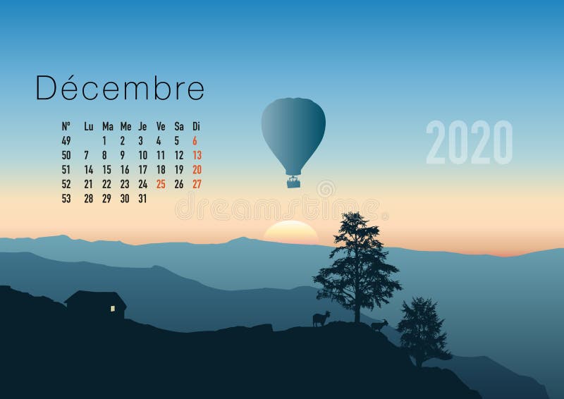 2020 calendar ready to print in French version, showing sunsets on landscapes overflighted by balloons. vector illustration
