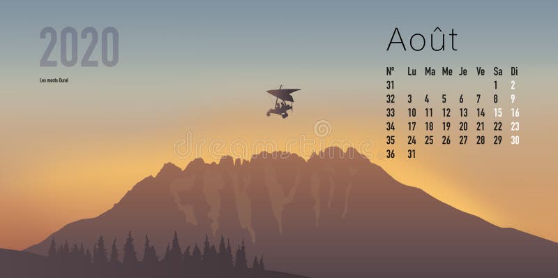 2020 calendar ready to print in French version, showing sunsets on mountain landscapes. vector illustration