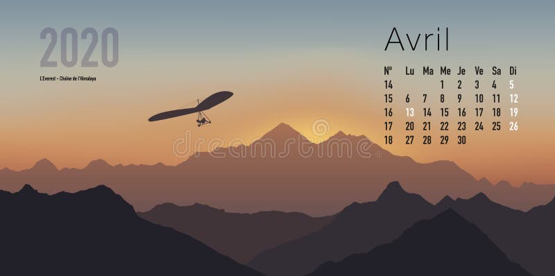 2020 calendar ready to print in French version, showing sunsets on mountain landscapes. vector illustration