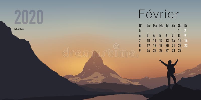 2020 calendar ready to print in French version, showing sunsets on mountain landscapes. vector illustration