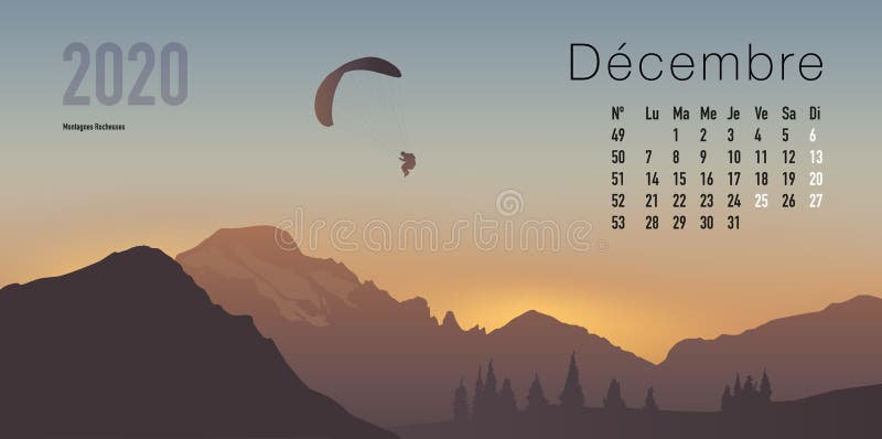 2020 calendar ready to print in French version, showing sunsets on mountain landscapes. stock illustration