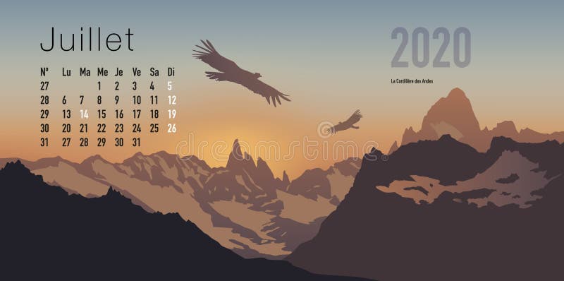 2020 calendar ready to print in French version, showing sunsets on mountain landscapes. stock illustration