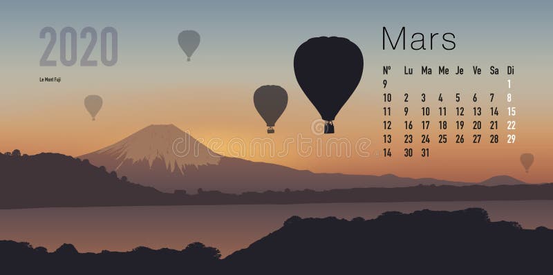 2020 calendar ready to print in French version, showing sunsets on mountain landscapes. royalty free illustration