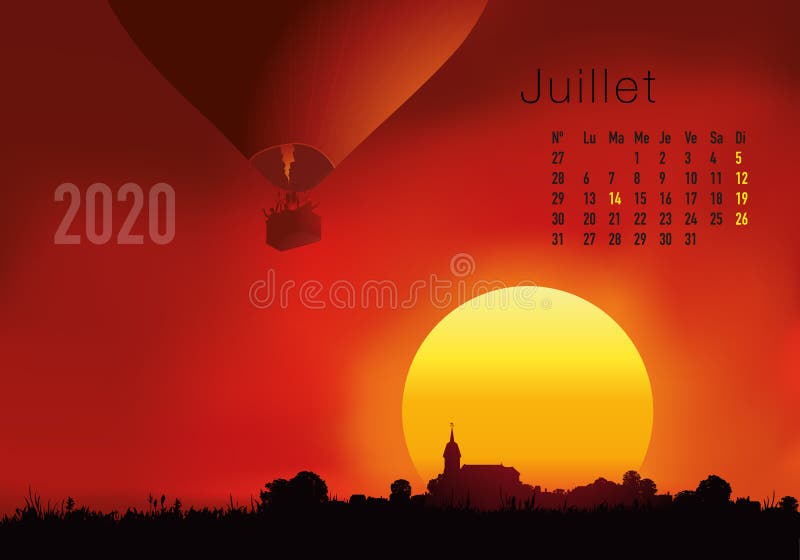 2020 calendar ready to print in French version, showing sunsets on landscapes overflighted by balloons. stock illustration