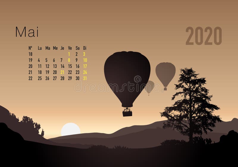 2020 calendar ready to print in French version, showing sunsets on landscapes overflighted by balloons. royalty free illustration