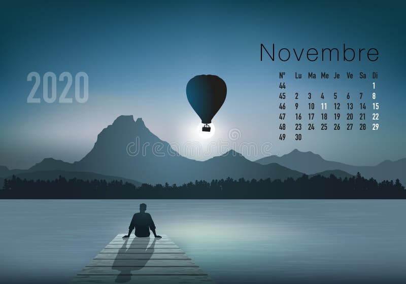 2020 calendar ready to print in French version, showing sunsets on landscapes overflighted by balloons. royalty free illustration