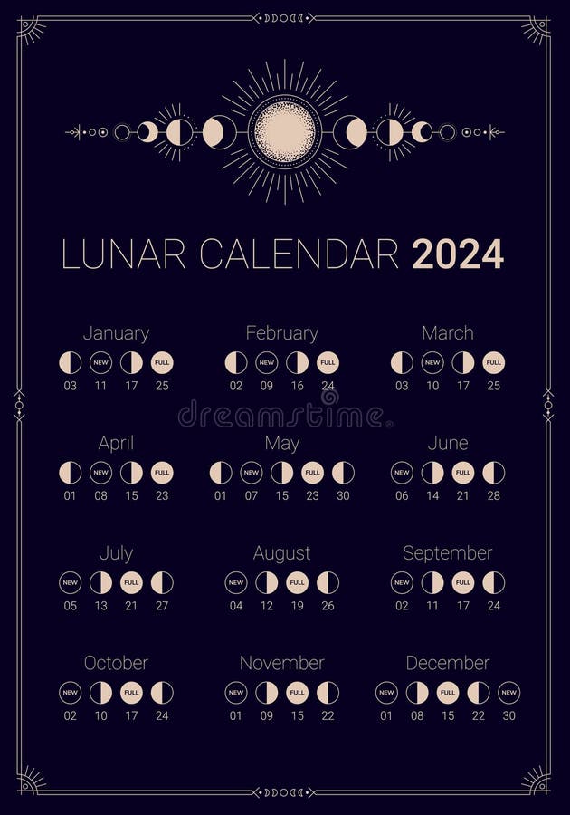 Calendrier Lunaire 2024 Sur Fond Ciel Noir Illustration de Vecteur