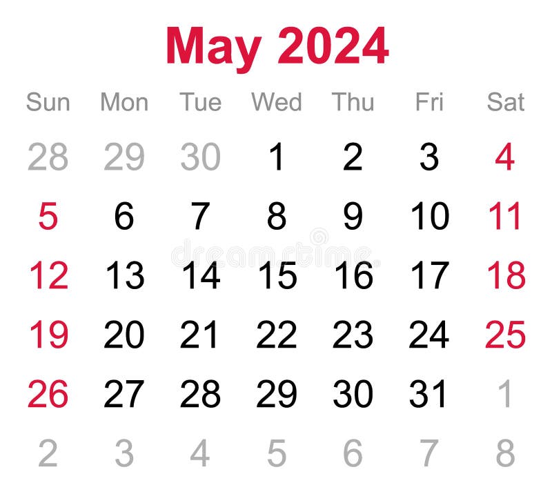 Calendrier Mensuel De Mai 2024 Sur Fond Transparent Image stock