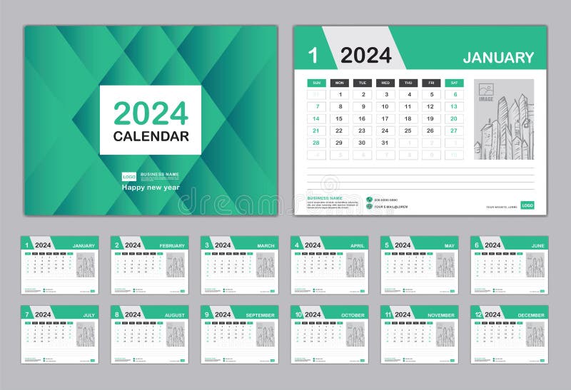 Calendrier 2024 Template Desk Calendrier 2024 Calendrier Design Ensemble De  12 Mois Mur Calendrier Poster Semaine Commence Dimanch Illustration de  Vecteur - Illustration du fond, anglais: 226071632