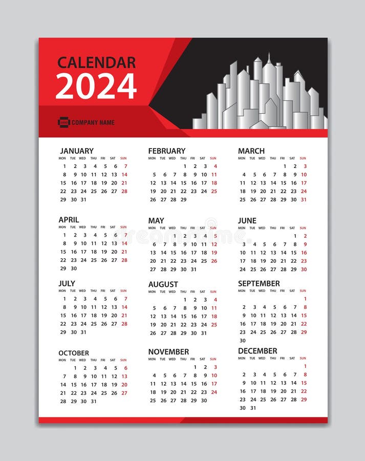 calendrier 2024 année conception rouge, modèle de calendrier mensuel pour  l'année 2024, la semaine commence le dimanche, modèle de calendrier mural  minimaliste 2024, planificateur, vecteur de modèle d'entreprise 16820114  Art vectoriel chez Vecteezy
